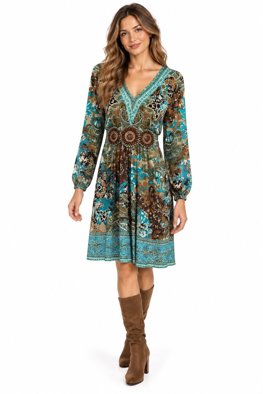 Vintage ‘00s Yvos Beaded V-Neck Lightweight Long Sleeve Belted Knee Length Dress